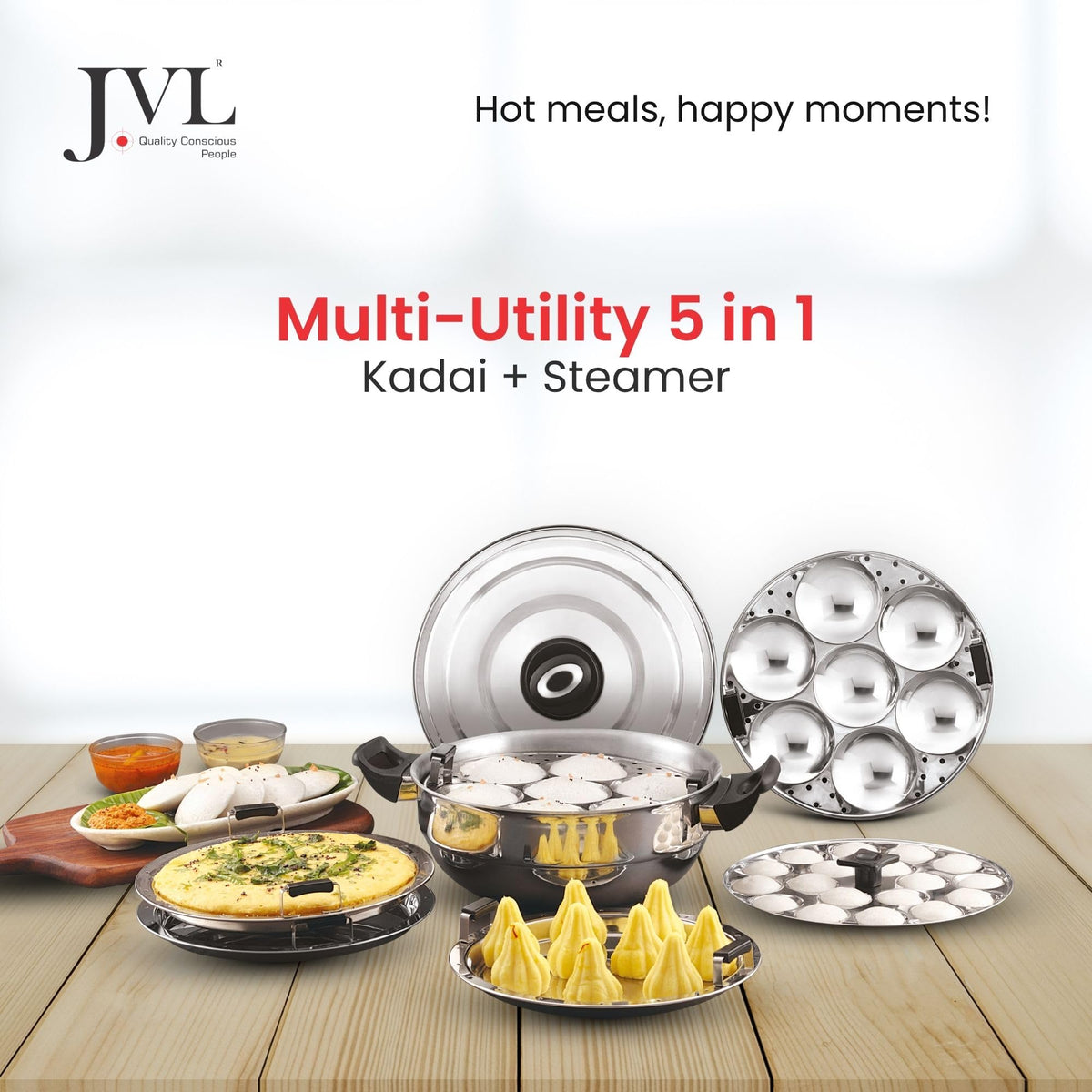 JVL 5-in-1 stainless steel steamer kadai 28cm with lid and 6 plates for idli momos modak dhokla
