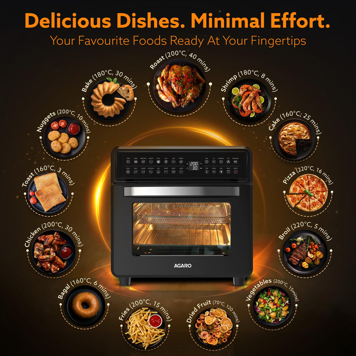 AGARO Regal Plus air fryer rotisserie skewer and fork assembly loaded with a whole chicken
