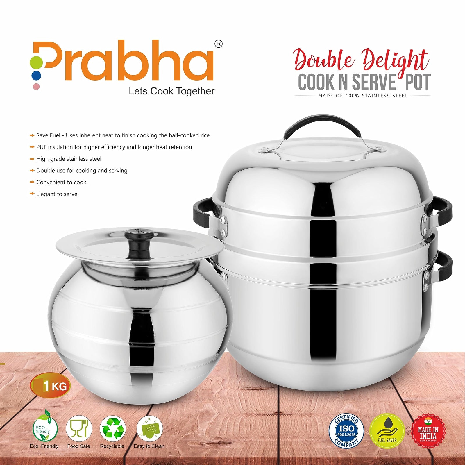 Prabha Stainless Steel Thermal Rice Cooker - Efficient 1Kg Capacity, Thermal Heating, Gas Stove Compatible, Serving Pot, 1-Year Warranty