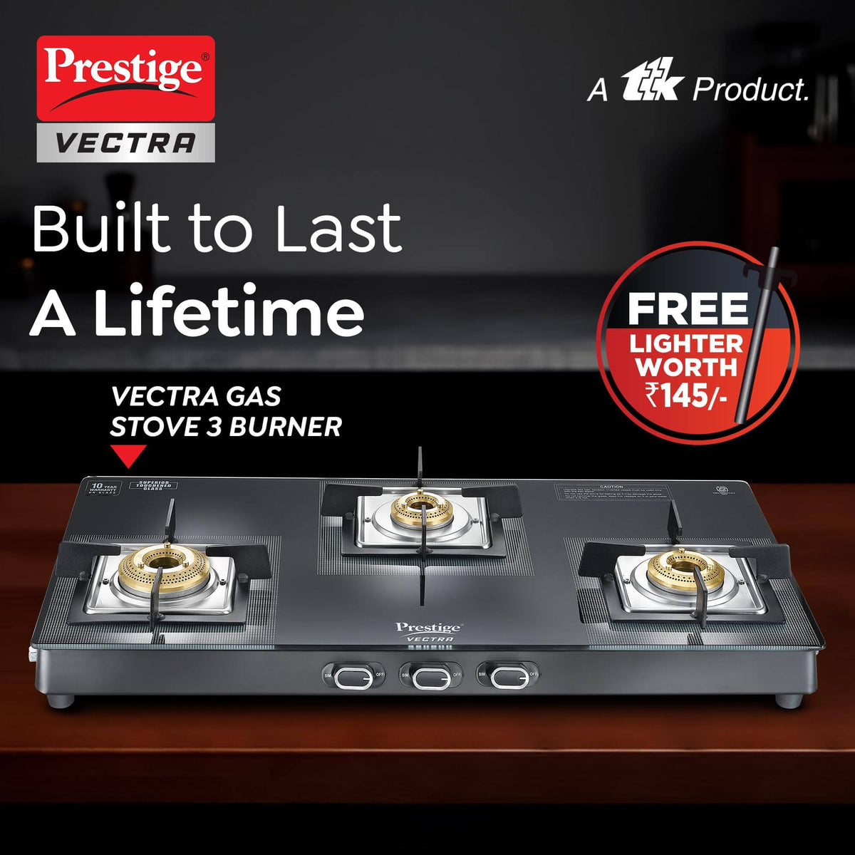 Prestige Vectra 3 Burner Gas Stove with Toughened Glass
