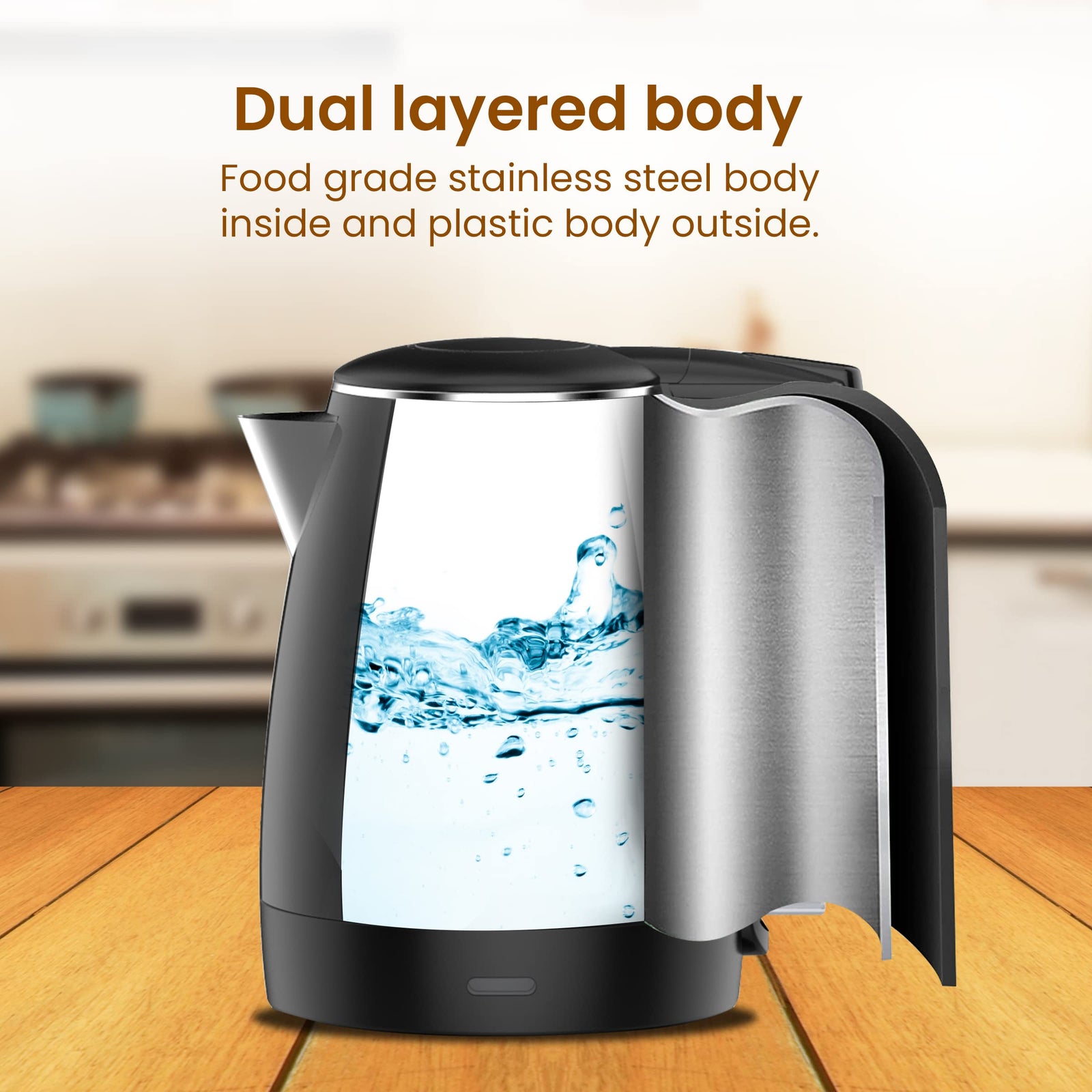 AGARO Royal Double Layered Electric Kettle, 1.5L, 1500W, Cool Touch, Stainless Steel Interior, Black