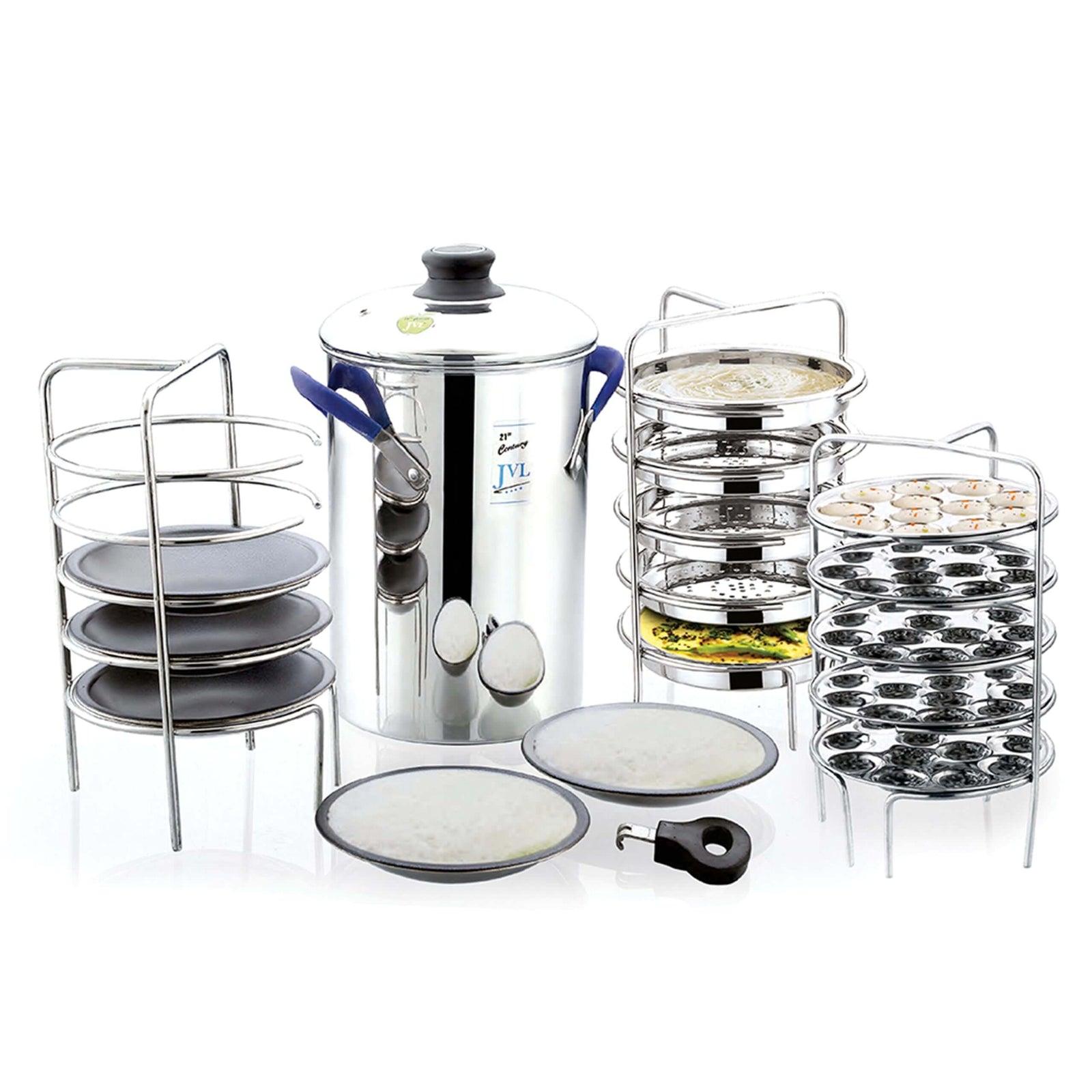 JVL Stainless Steel 15-Piece Multi-Purpose Idly Maker Set including idly cooker and plates for traditional South Indian dishes.