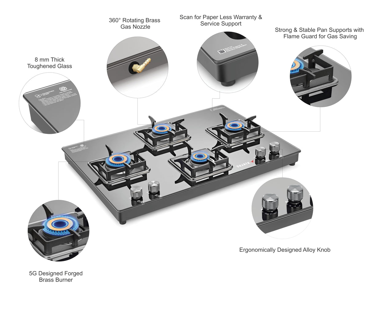 Sujata cook top premium 4 burner cross  Gas stove with features highlighted on a white background