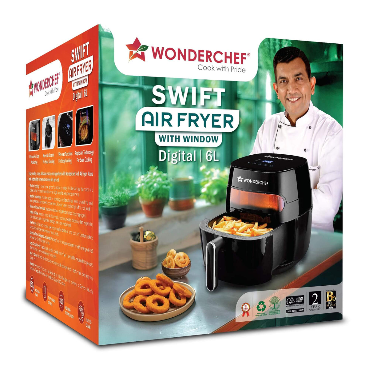 Black Wonderchef Swift Air Fryer with 7 preset cooking functions and 6L capacity