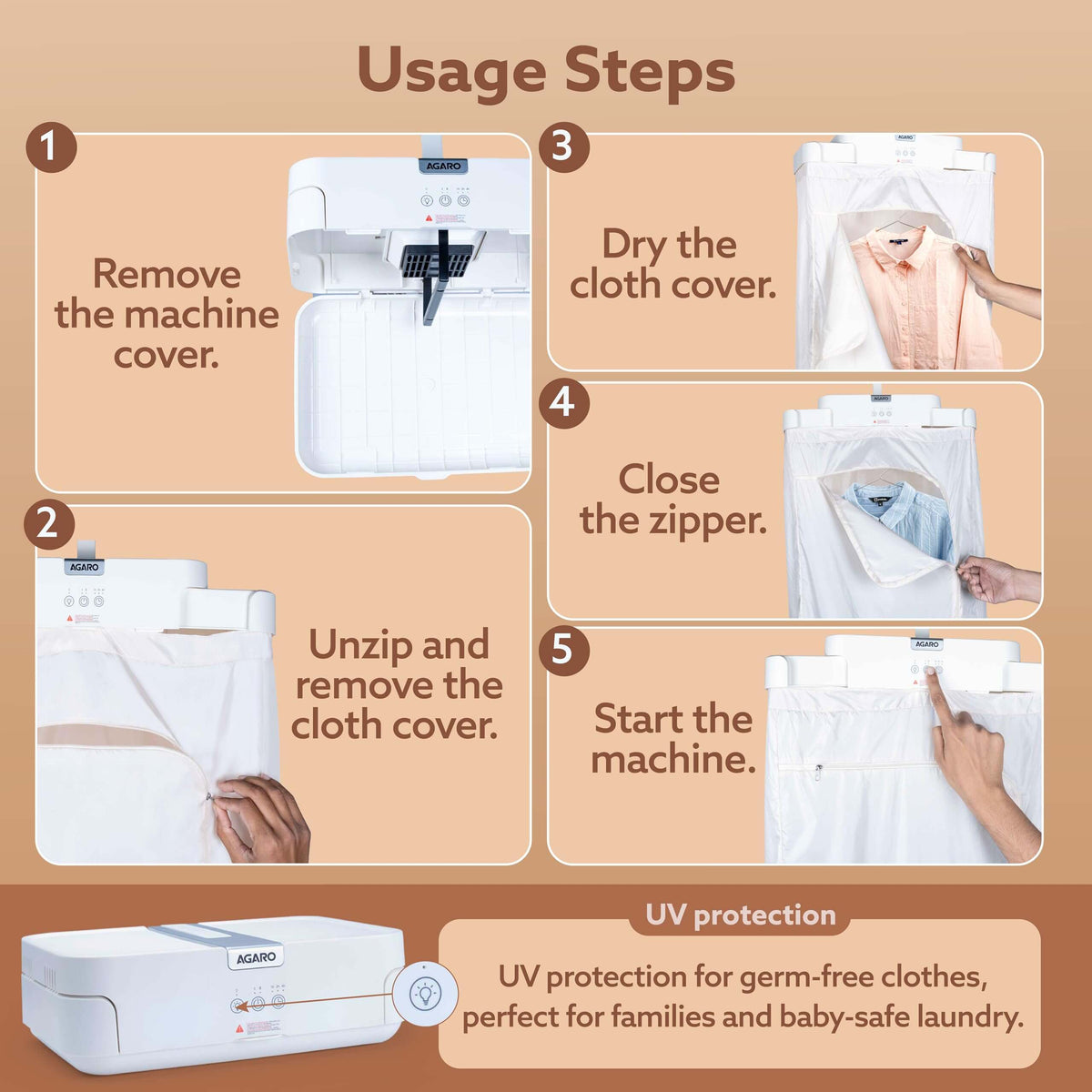 Step-by-step guide for using agaro cloth dryer machine with UV protection on a beige background