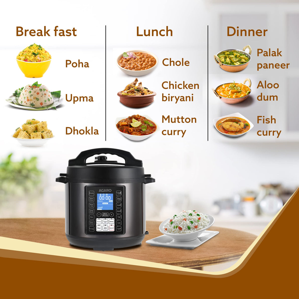 AGARO Imperial Pressure Cooker with digital display, steamer basket, rice spoon, complete accessories kit included