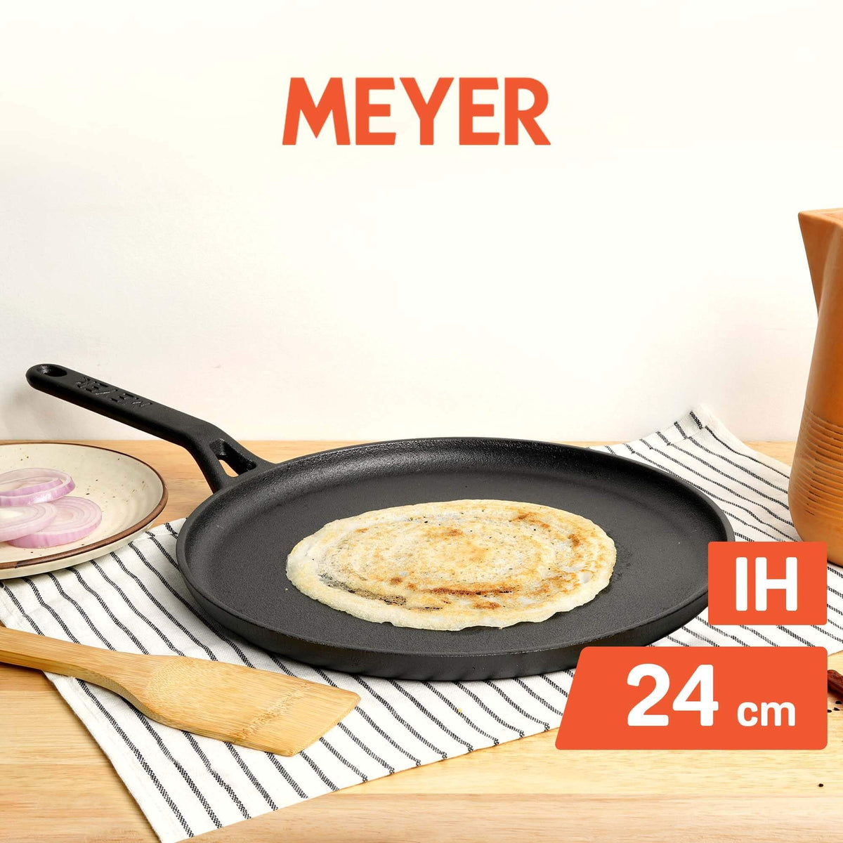 Meyer Pre-Seasoned Cast Iron Dosa Tawa – 24cm, Induction & Gas Compatible | Black