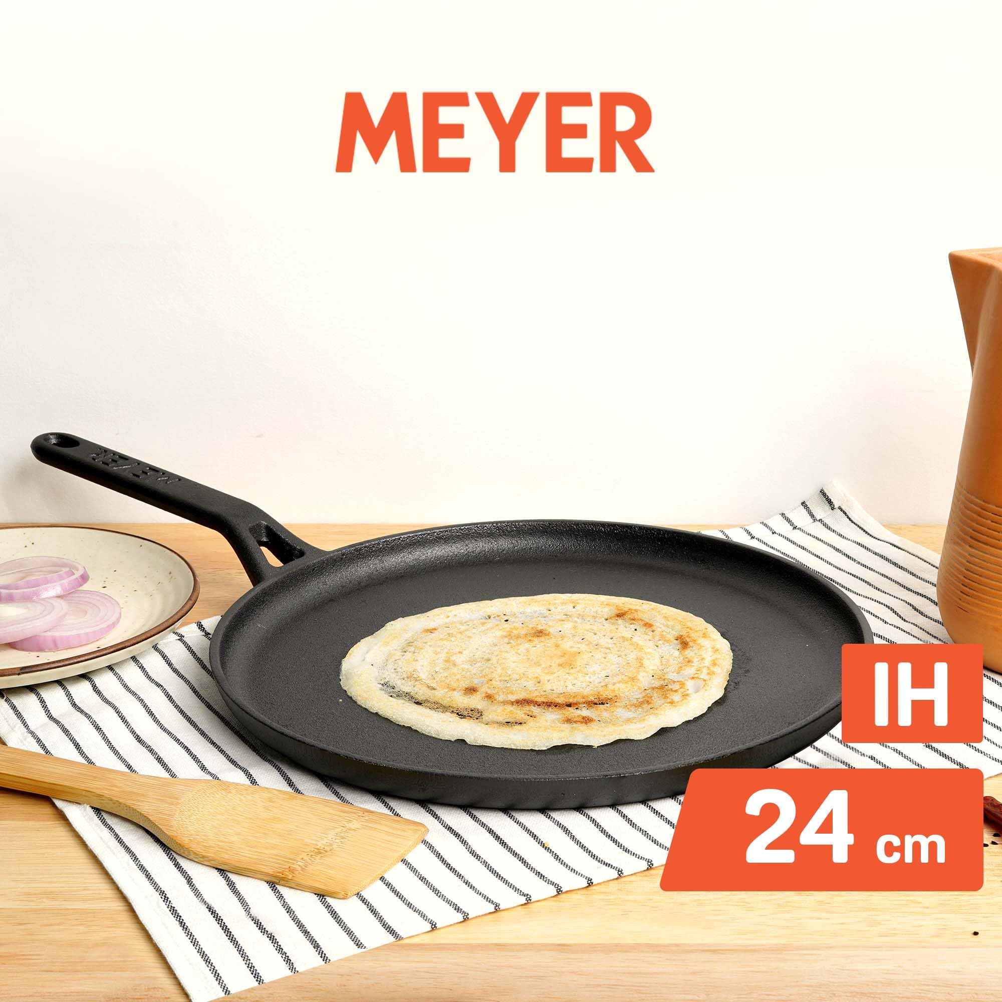 Meyer Pre-Seasoned Cast Iron Dosa Tawa – 24cm, Induction & Gas Compatible | Black