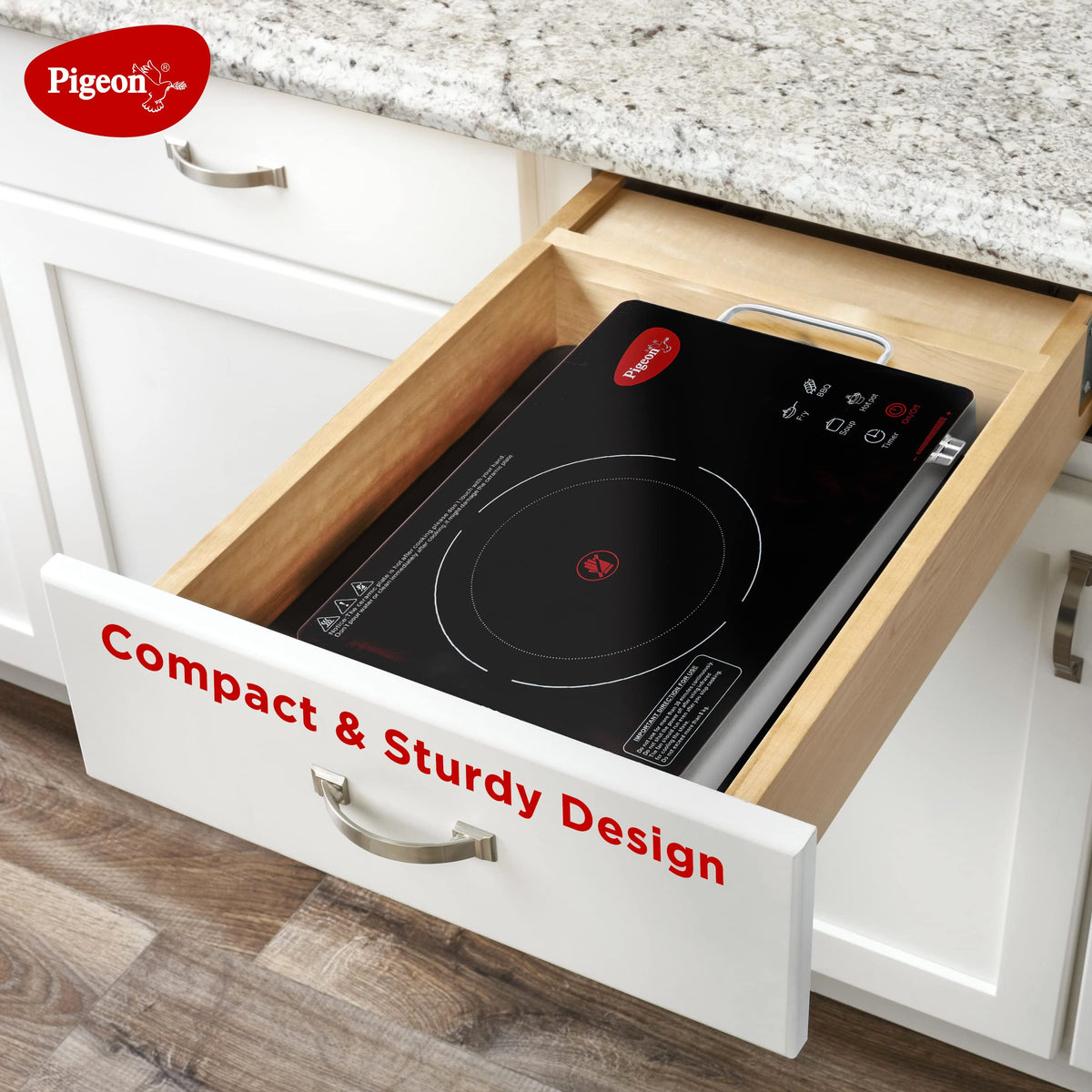 Pigeon Radiant Infrared Cooktop 2200W showing 4 preset menus fry BBQ soup hot pot with quick heating red glow