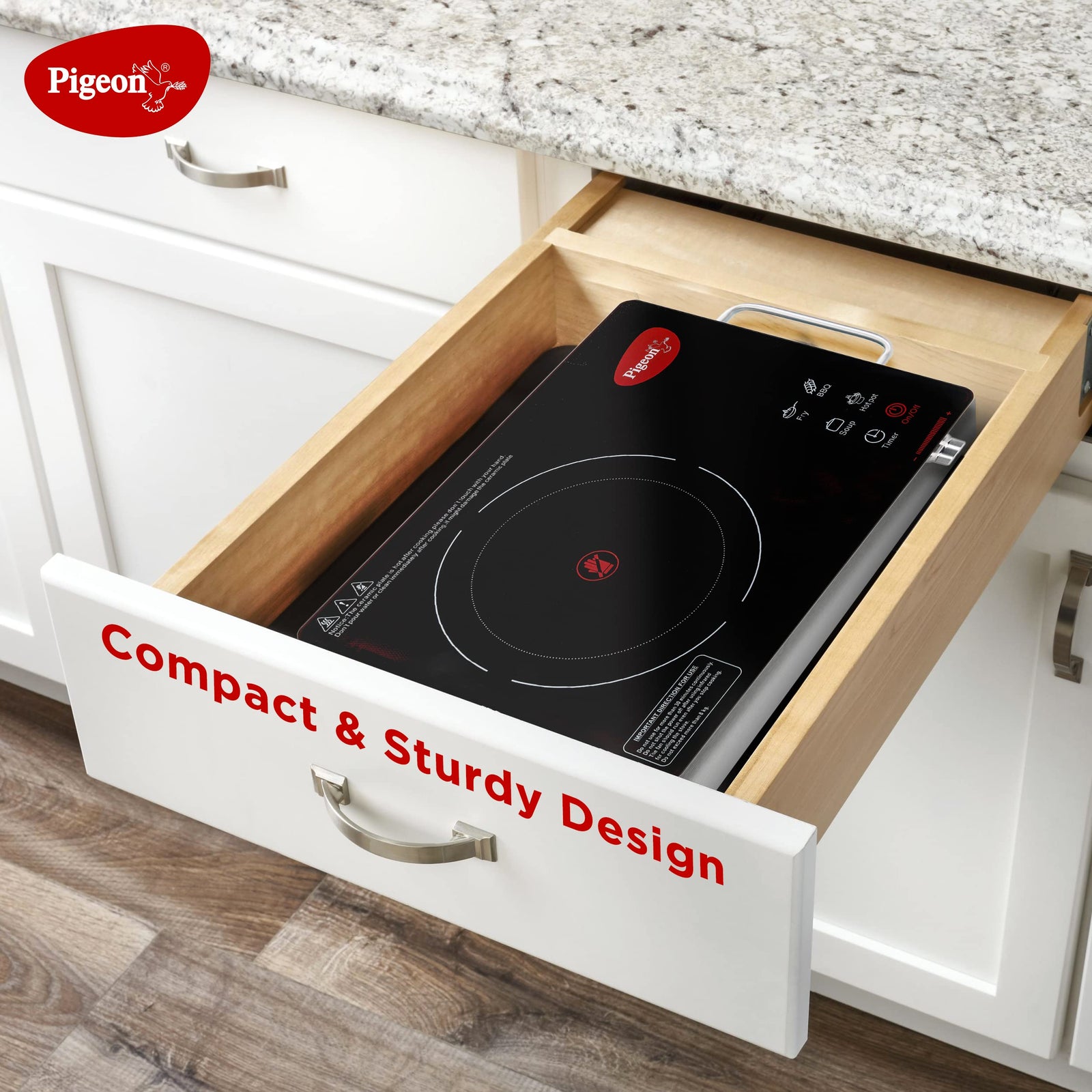 Pigeon Radiant Infrared Cooktop 2200W showing 4 preset menus fry BBQ soup hot pot with quick heating red glow