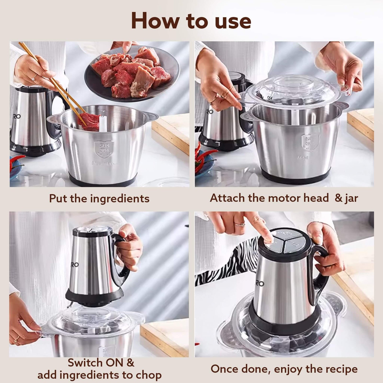 AGARO Delite Vegetable & Meat Chopper for Kitchen, Garlic Peeler, Egg Whisker, 2L Bowl, 400W Motor, 3 Speed Settings, Meat Grinder, Vegetable Mixer, Stainless Steel Body, Onion, Garlic, Fruits.