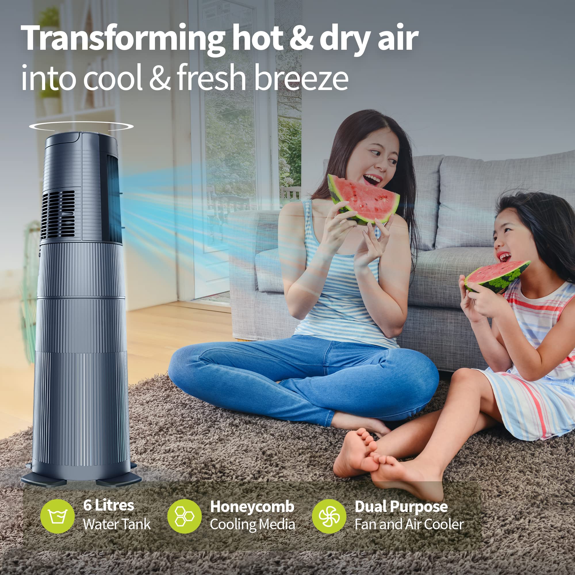 Symphony Duet i-S Personal Tower Cooling Fan For Home and Office with Honeycomb Pad, Powerful Blower, Auto Rotation and Low Power Consumption (6L, Grey)