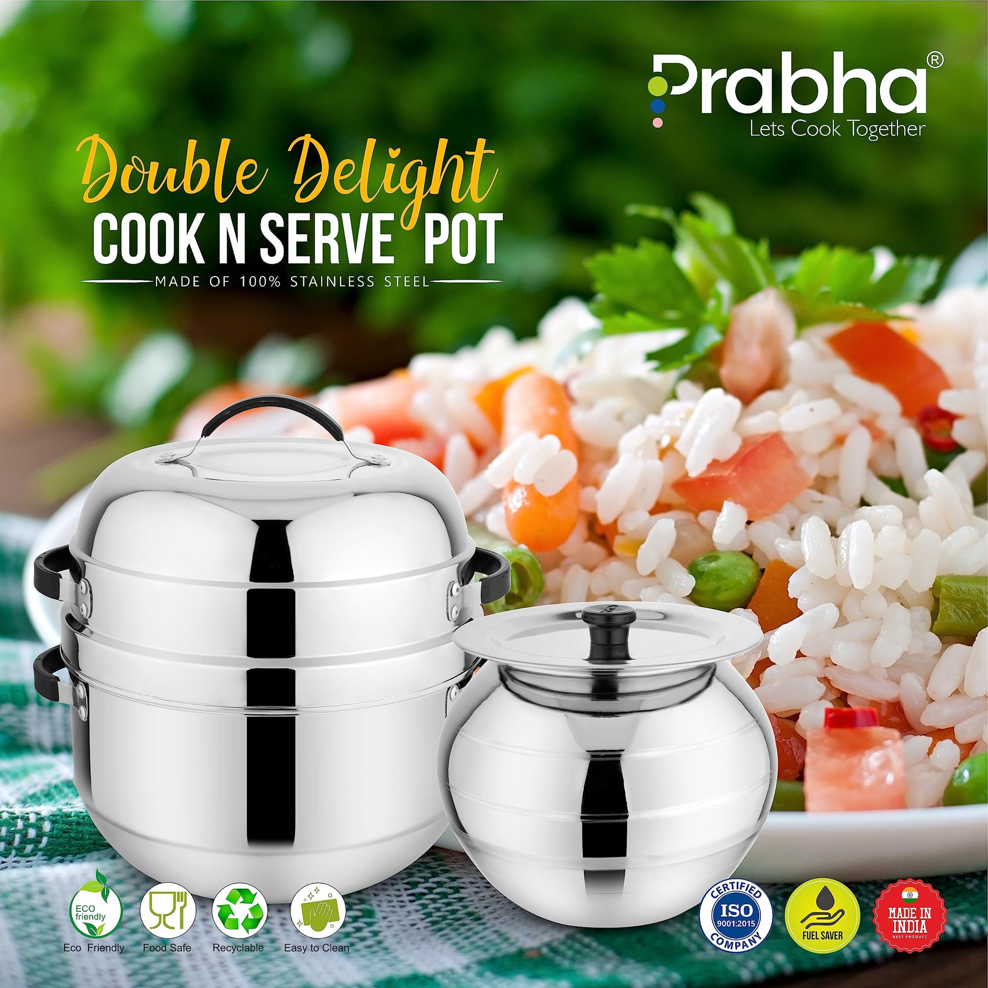 Prabha Stainless Steel Thermal Rice Cooker - Efficient 1Kg Capacity, Thermal Heating, Gas Stove Compatible, Serving Pot, 1-Year Warranty
