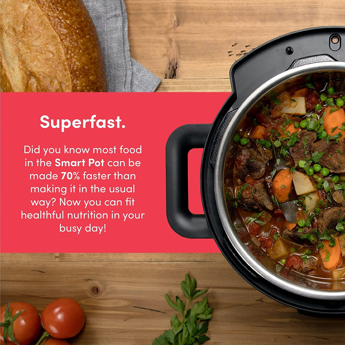Nutricook Smart Pot 2 feature highlights showing pressure release button, ergonomic handles, LED display, and 12 customisable presets