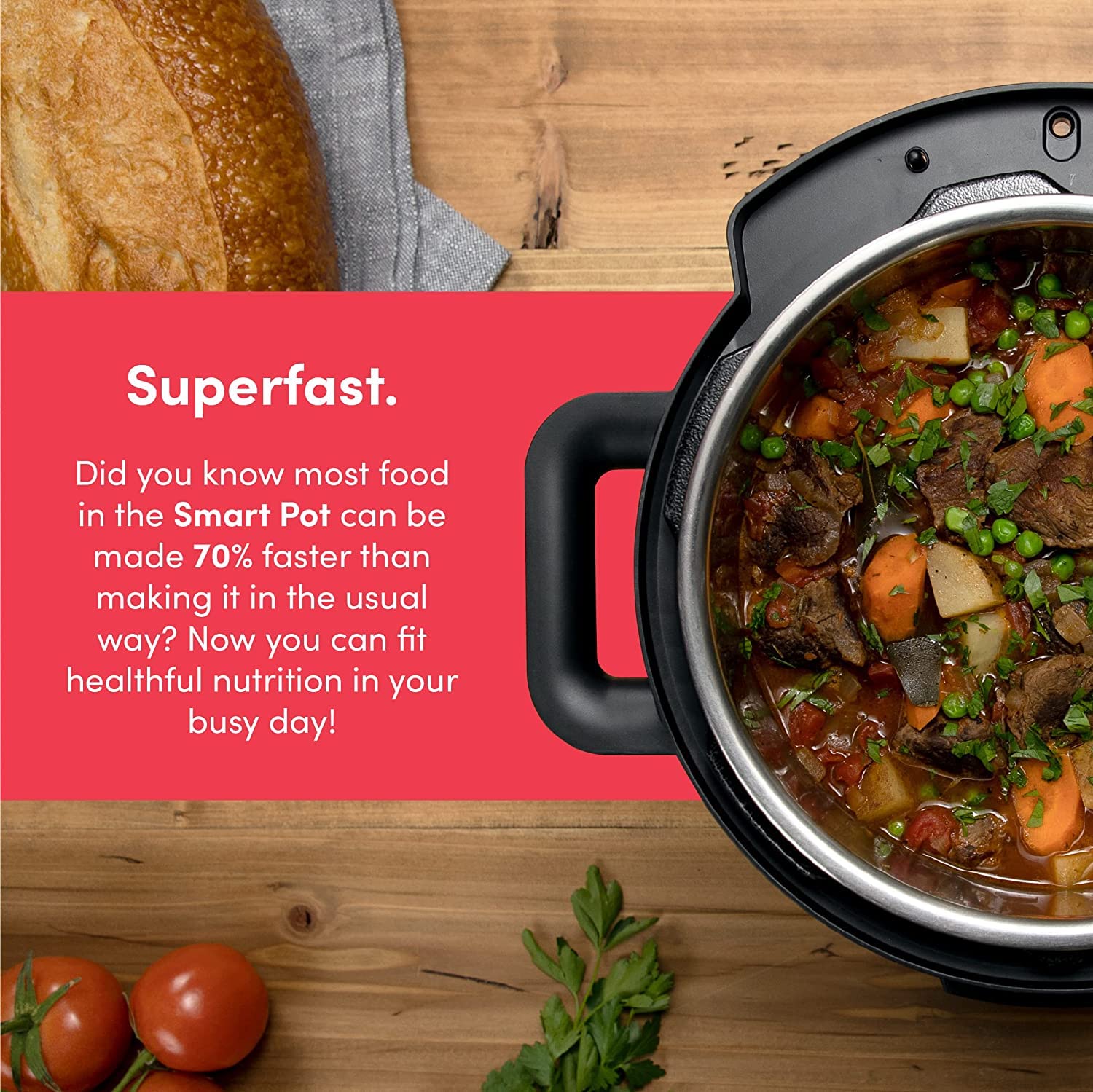Nutricook Smart Pot 2 feature highlights showing pressure release button, ergonomic handles, LED display, and 12 customisable presets