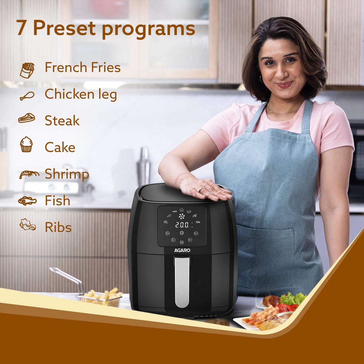 AGARO air fryer with 7 preset cooking programs for French fries chicken steak