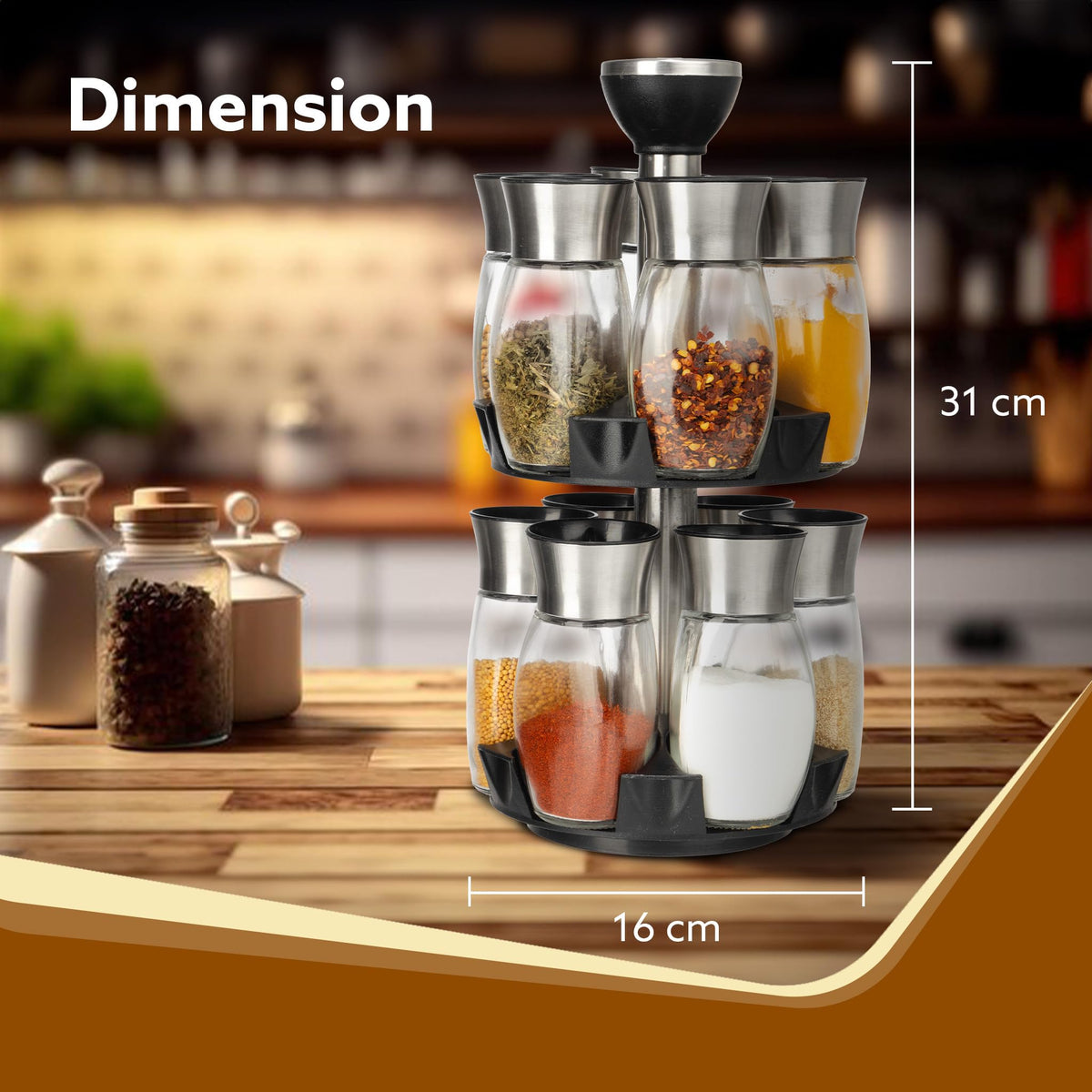 AGARO Elegant Glass Spice Jar with Holder Set of 12, Spinning Spice Storage Rack Tower Organizer,Rotating Spice Holder Shelf Seasoning Rack Shelf, Spice Seasoning Bottle Organizer