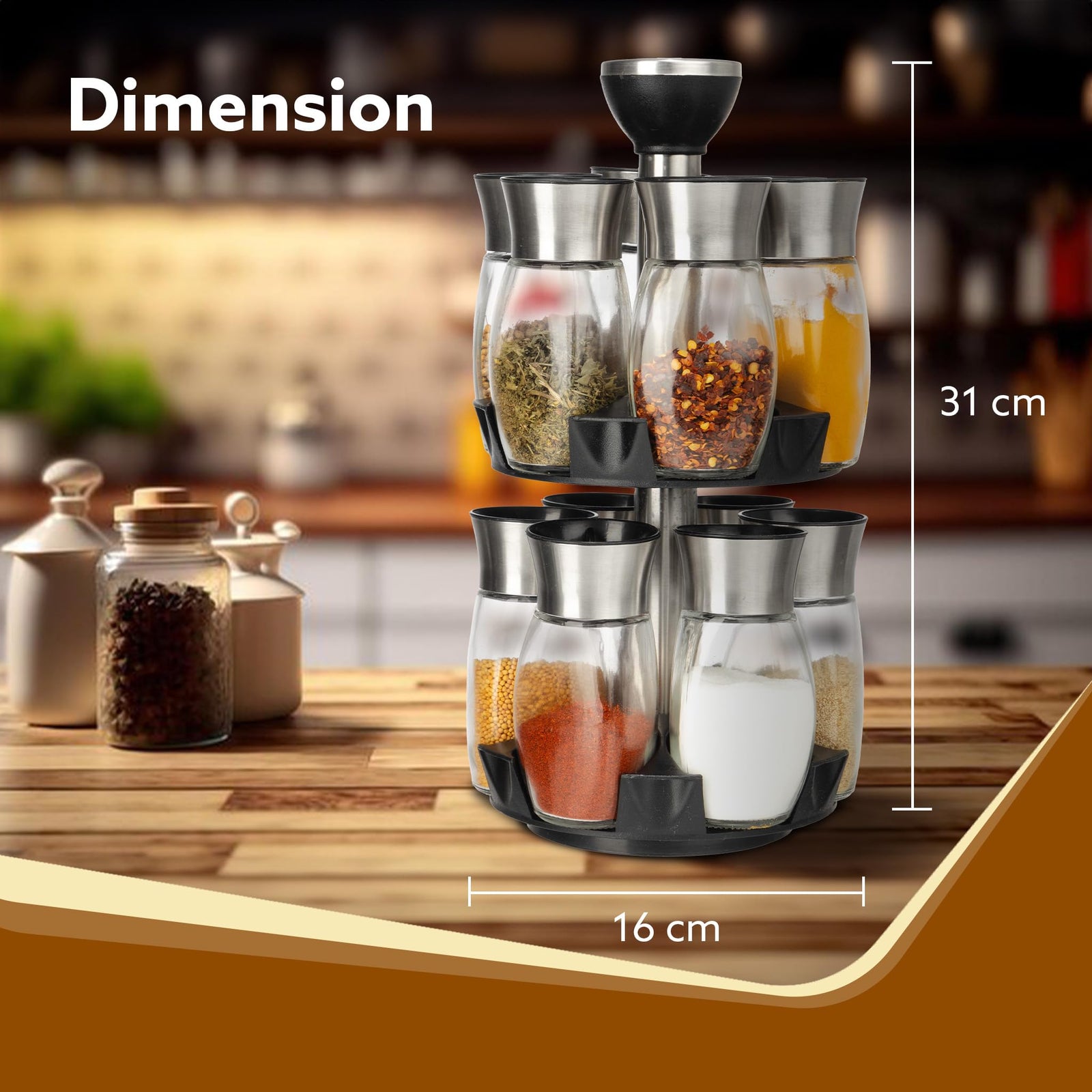 AGARO Elegant Glass Spice Jar with Holder Set of 12, Spinning Spice Storage Rack Tower Organizer,Rotating Spice Holder Shelf Seasoning Rack Shelf, Spice Seasoning Bottle Organizer