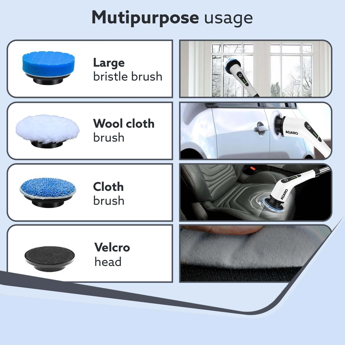 Electric Scrubber with 8 replaceable brush heads on display