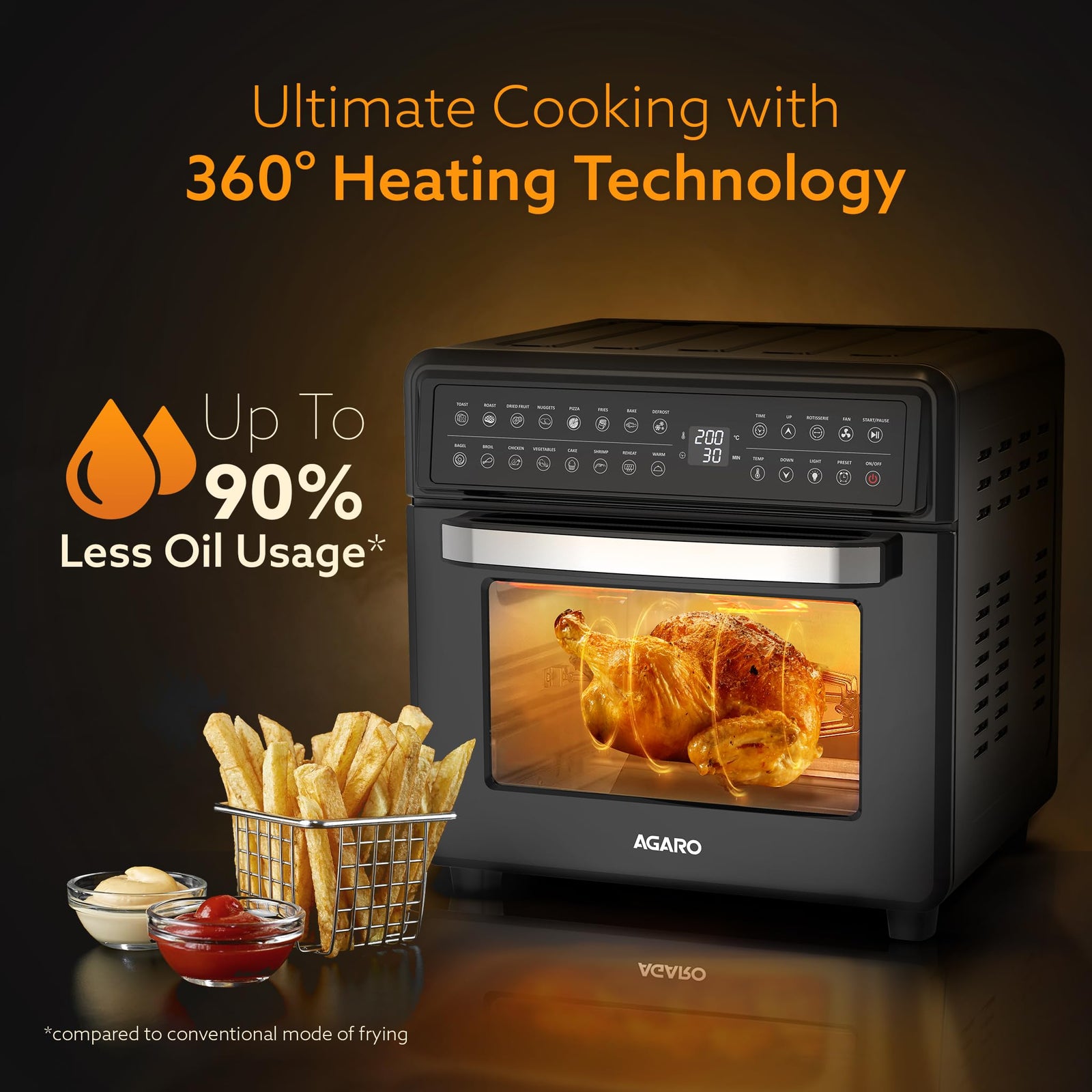 AGARO Regal Plus 23L air fryer oven with illuminated cooking chamber visible through the glass window