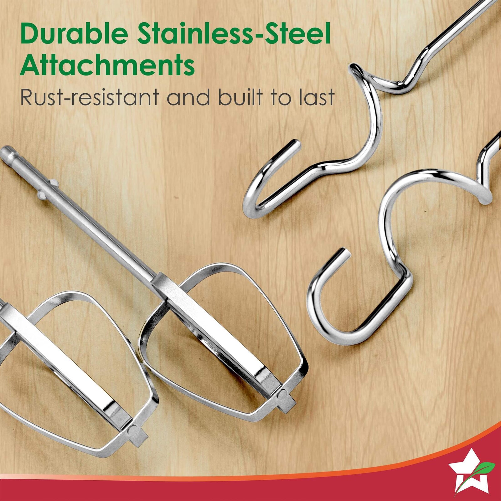 Wonderchef Essenza Hand Mixer - 300W motor, stainless-steel beaters, and dough hooks in black