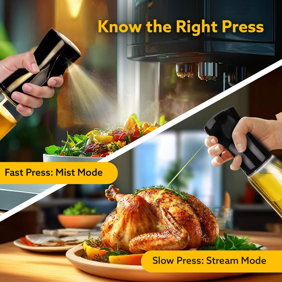 Agaro oil press being used on a salad and roasted turkey with text 'Know the Right Press' and mode descriptions.