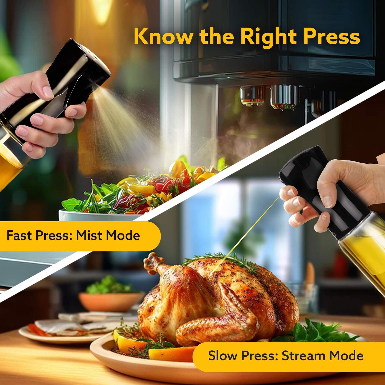 Agaro oil press being used on a salad and roasted turkey with text 'Know the Right Press' and mode descriptions.