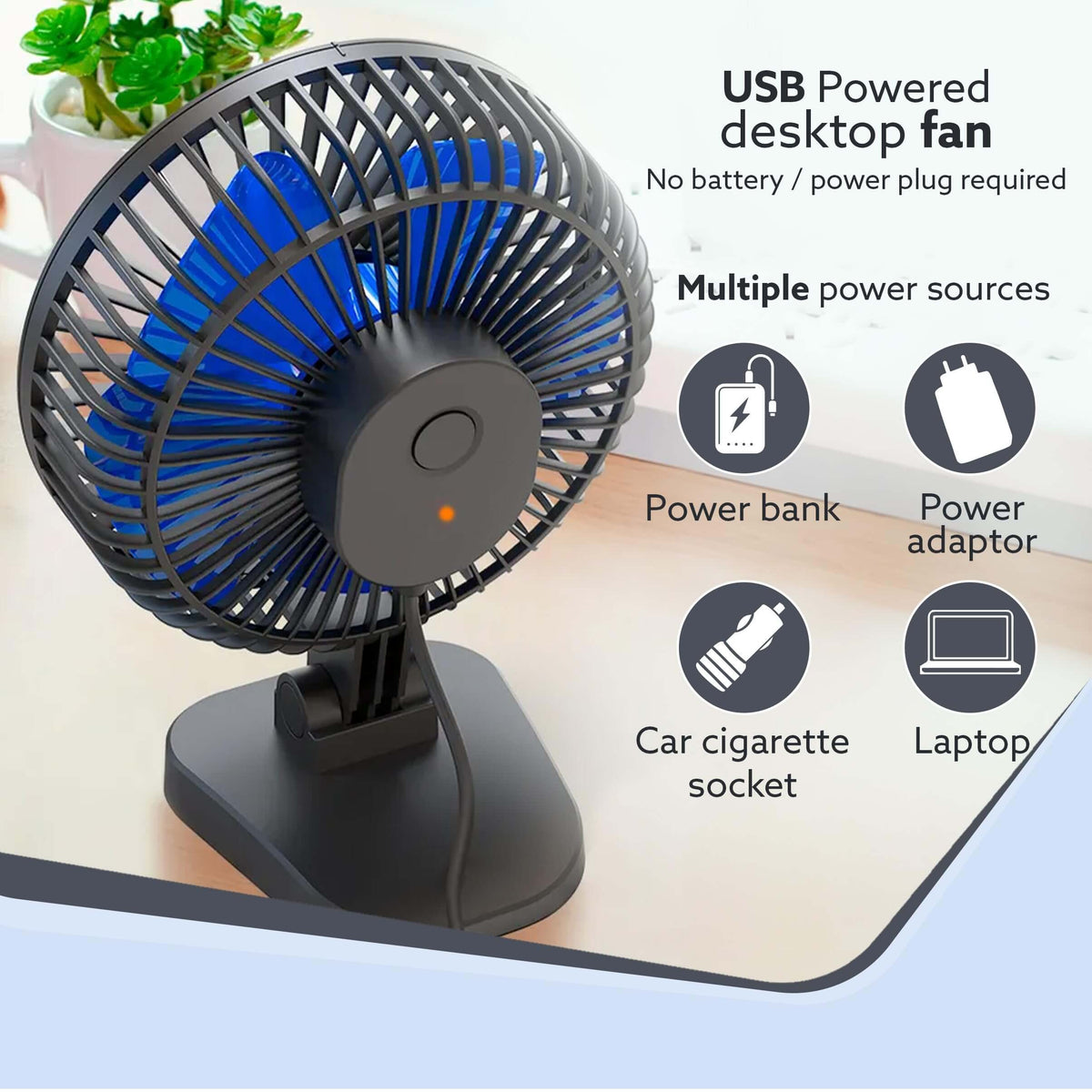 AGARO Breeze USB desktop fan showcasing multiple power sources: power bank, adaptor, car socket, and laptop.
