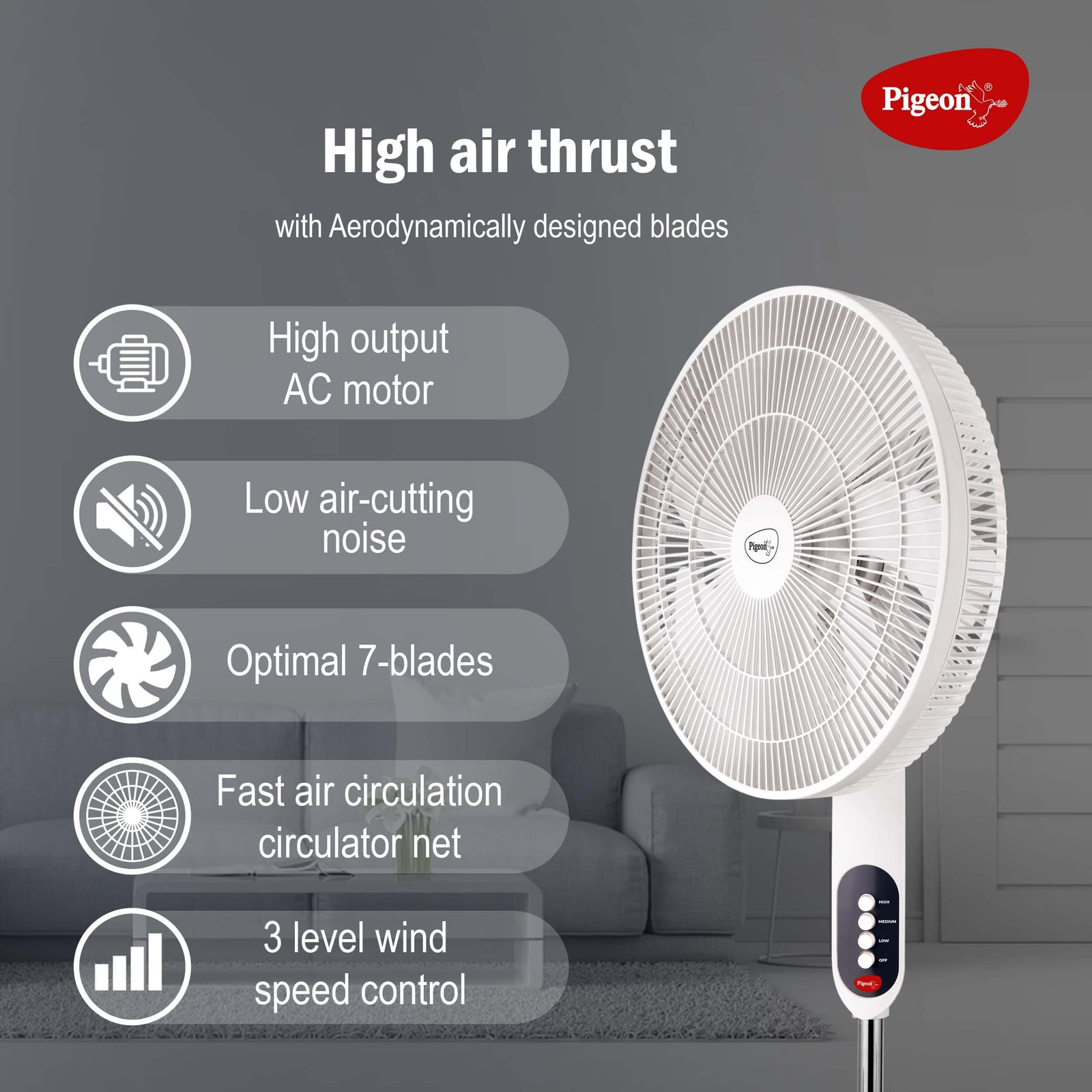 Powerful 7-blade Pigeon Fantastic Pedestal Fan in elegant white design