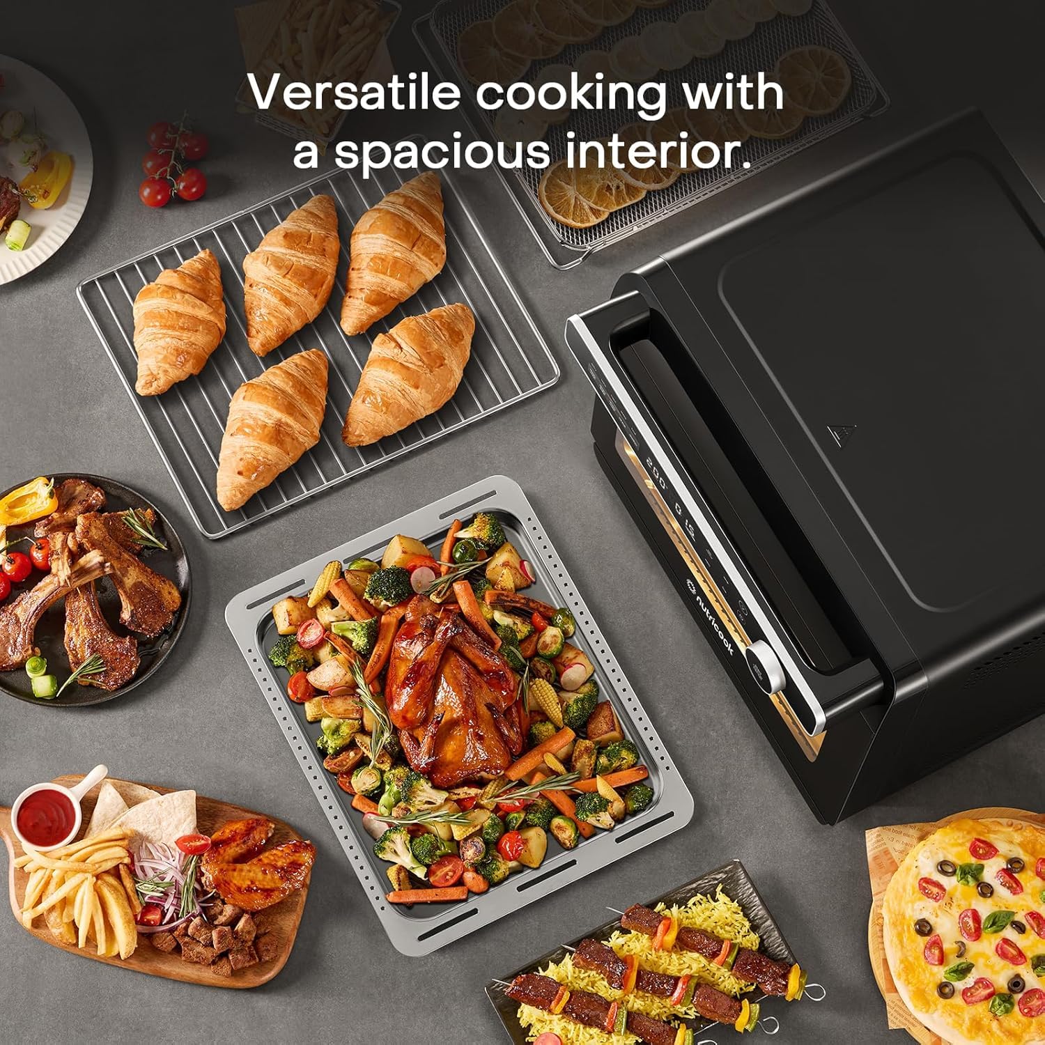 Dishes from the Nutricook Steami X 24L steam air fryer oven including croissants, roast chicken, pizza and fries