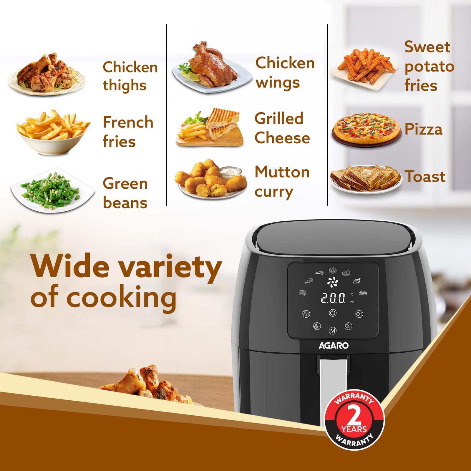 Digital air fryer with 360 degree air circulation technology and preset programs
