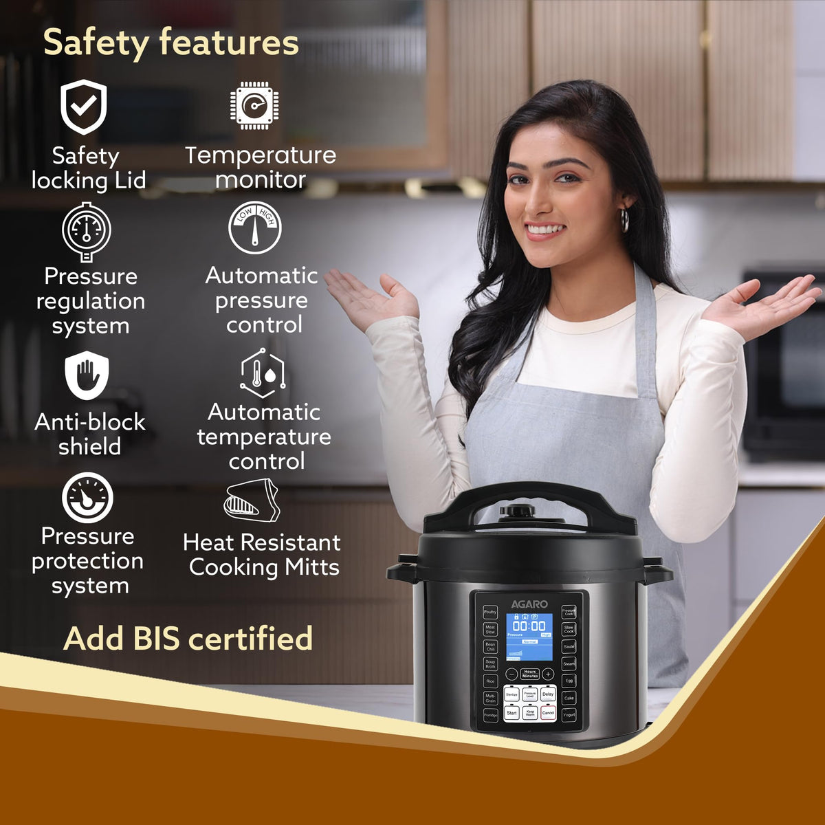 Black electric pressure cooker AGARO Imperial 1300W dual cooking capability, 6 adjustable settings, large capacity
