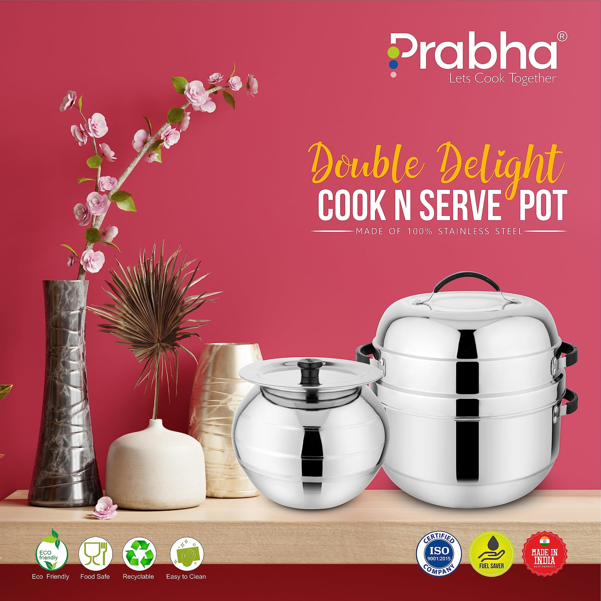 Prabha Stainless Steel Thermal Rice Cooker - Efficient 1Kg Capacity, Thermal Heating, Gas Stove Compatible, Serving Pot, 1-Year Warranty