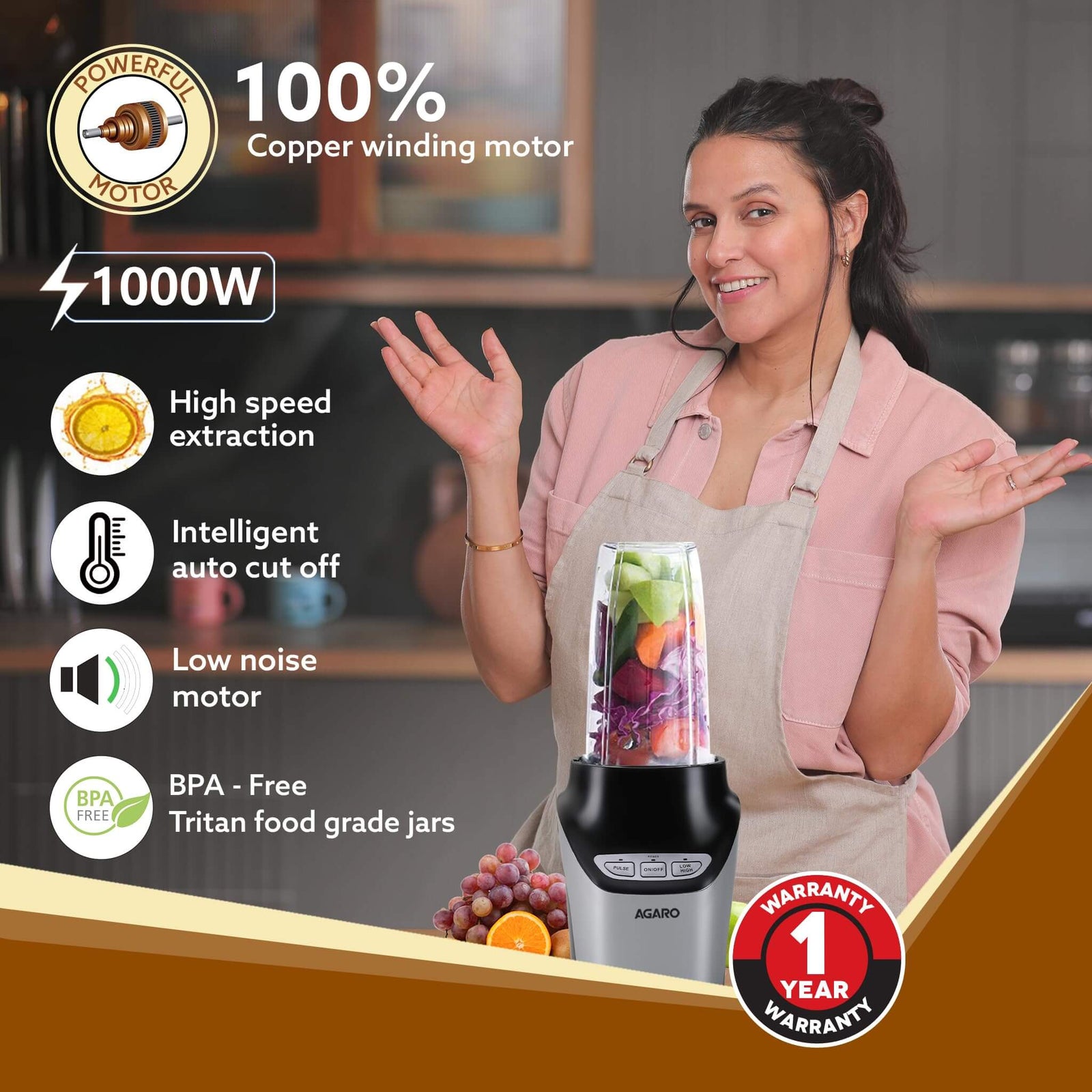 AGARO Marvel Nutri Blender, 1000W, 2 BPA-Free Tritan Jars