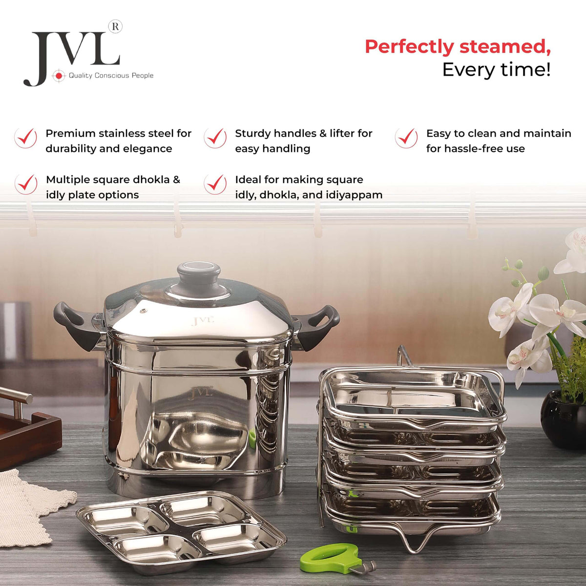 JVL square idly dhokla steamer set with stainless steel construction and plain lid