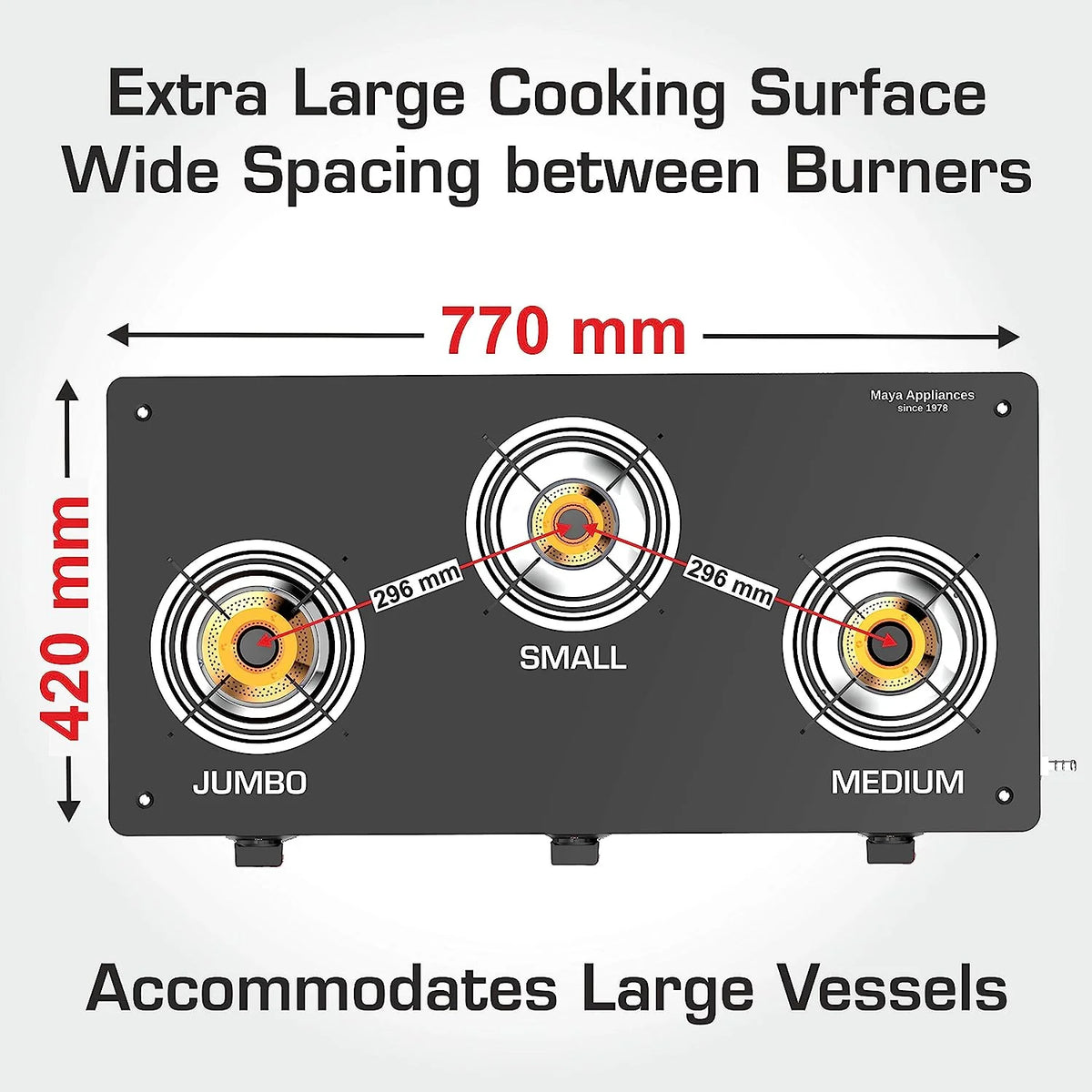 Vidiem Edge Shine gas stove black 8mm toughened glass cooktop front view