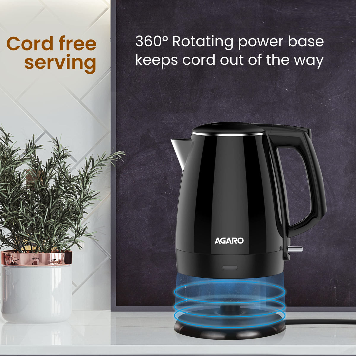AGARO Royal Double Layered Electric Kettle, 1.5L, 1500W, Cool Touch, Stainless Steel Interior, Black