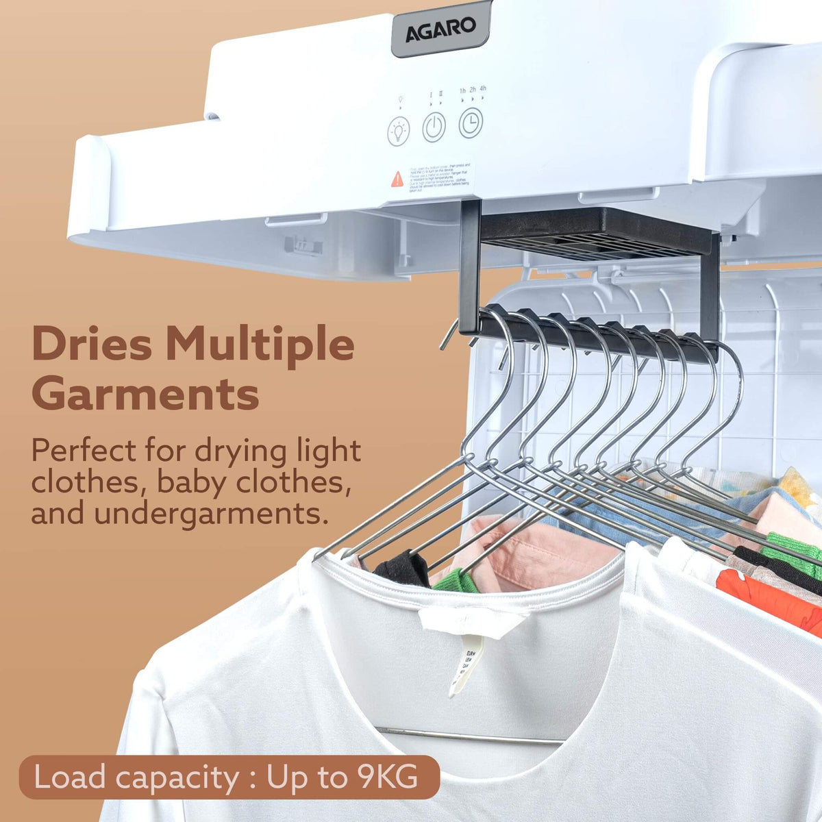 White Agaro clothes dryer with hangers and clothes on a beige background