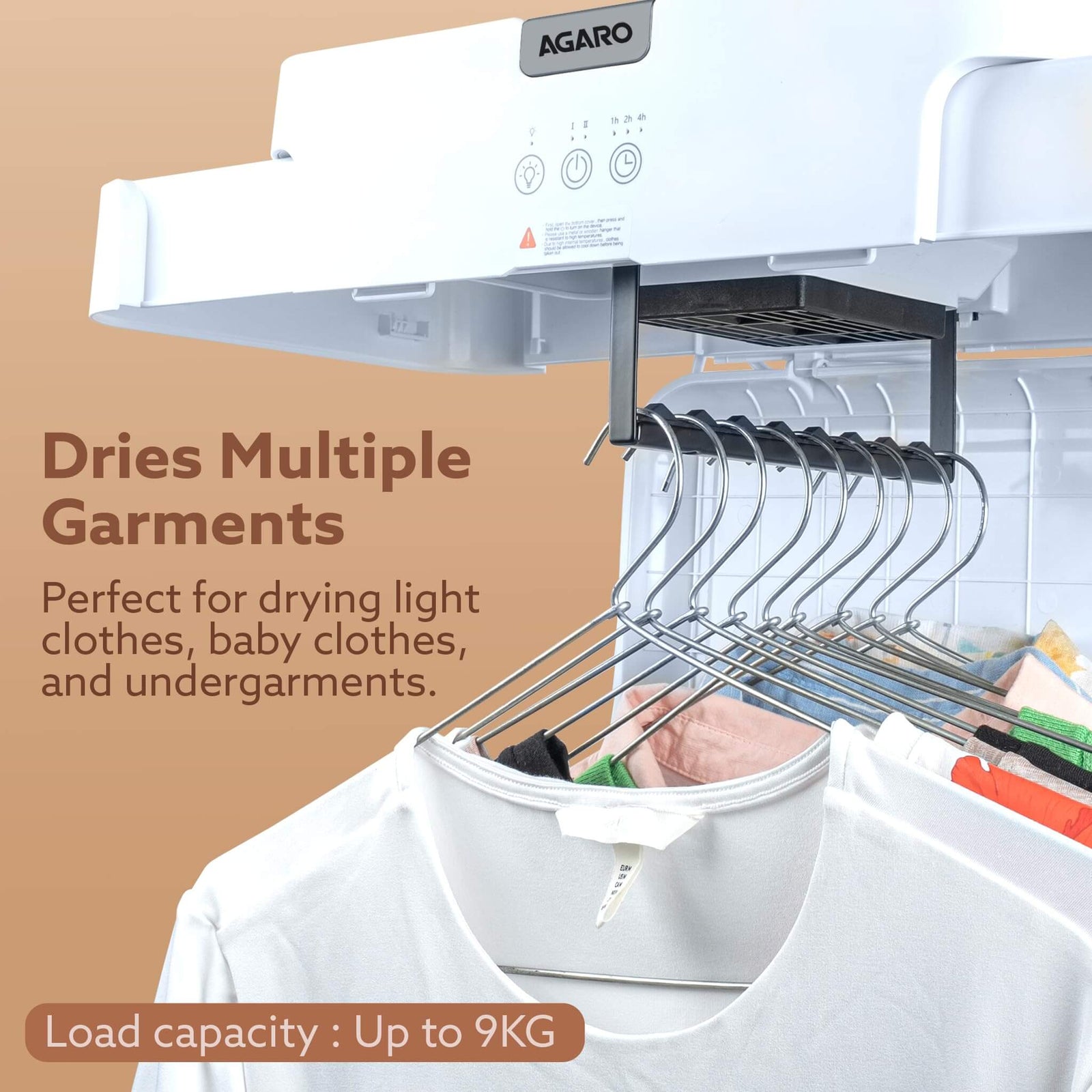 White Agaro clothes dryer with hangers and clothes on a beige background