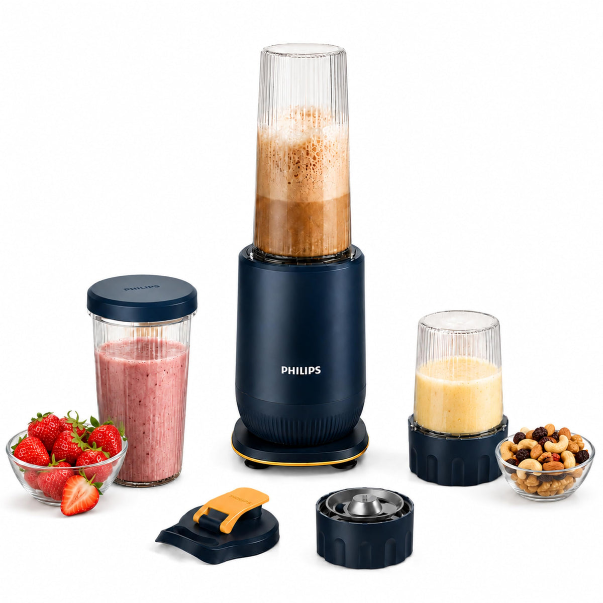 Philips HR2613/00 Mini Blender | 2 Blending Blades &amp; 1 Frothing Blade | ProBlend Technology | 3 Unbreakable Food-Grade PC Jars | Blend &amp; Carry | Smoothies, Protein Shakes, Cold Coffee &amp; More (Blue)