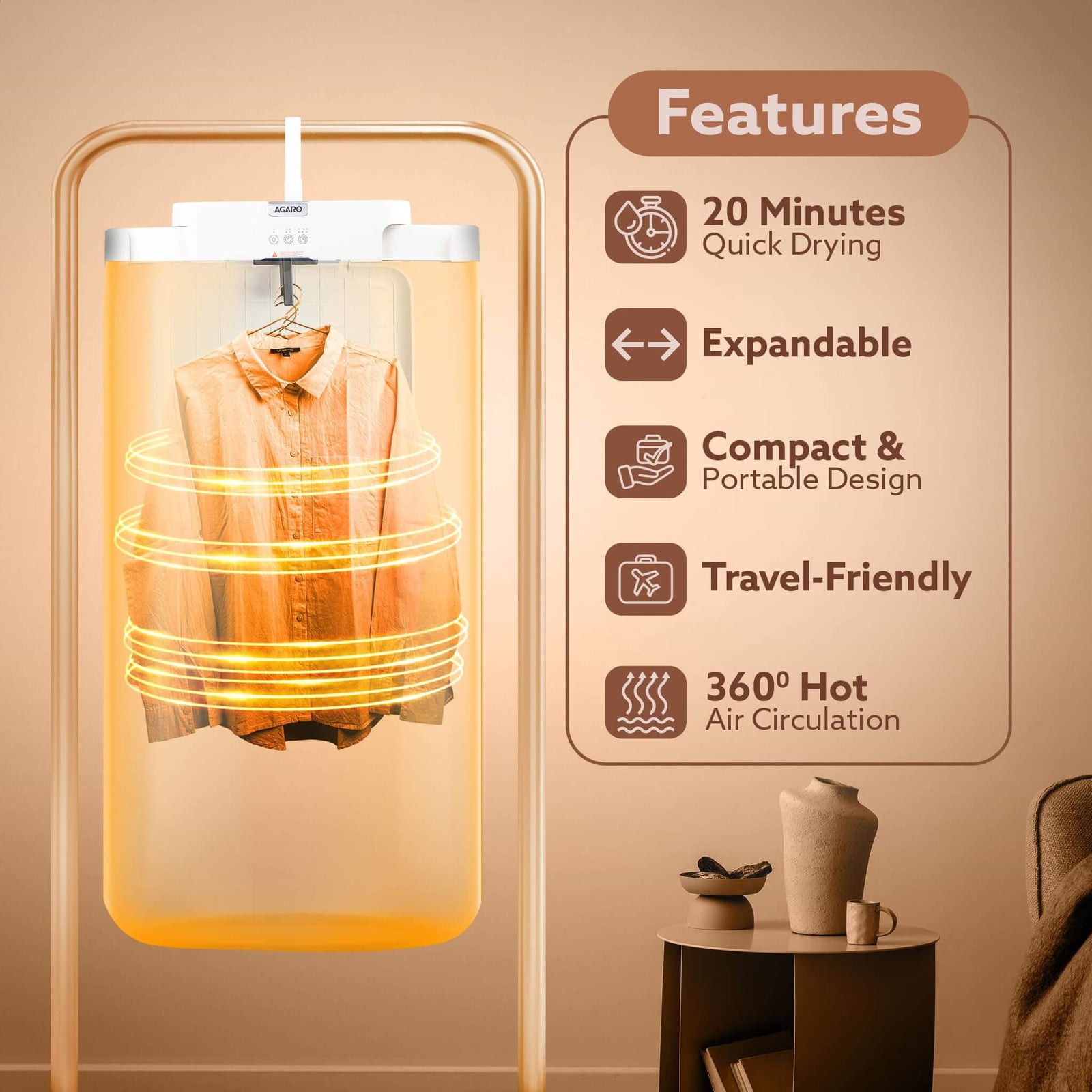 Electric clothes warmer with quiet operation and 9 piece drying capacity Portable clothes dryer with features listed on a beige background