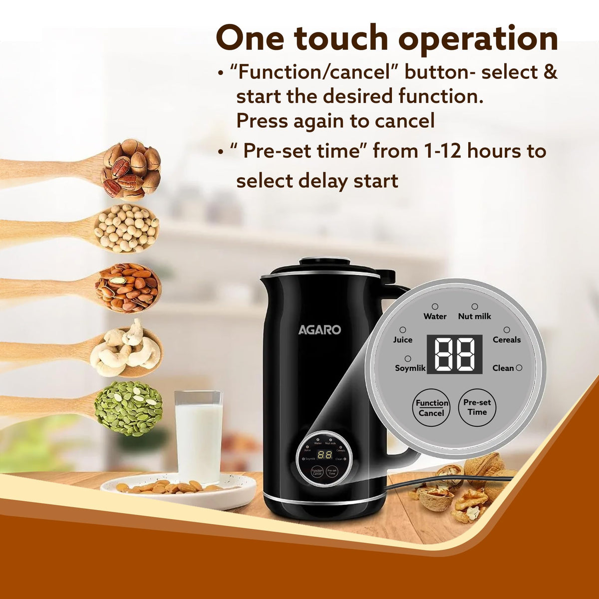 AGARO Regency Nut Milk Maker, Vegan Milk Machine, Stainless Steel, 600ml, Black