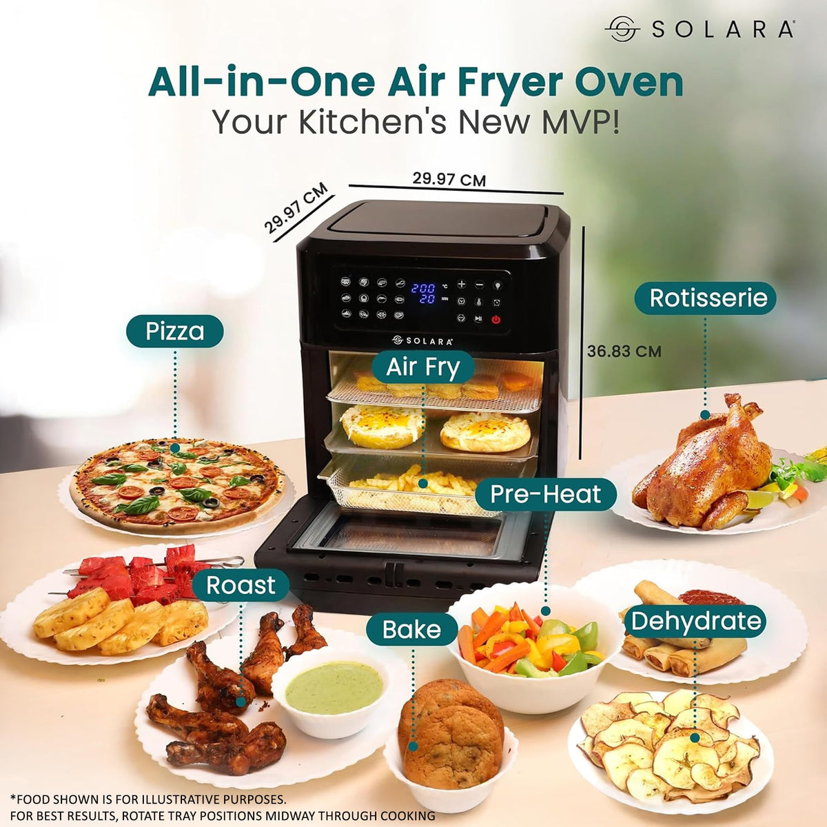 SOLARA 12L air fryer oven with 6 accessories and recipe e-book
