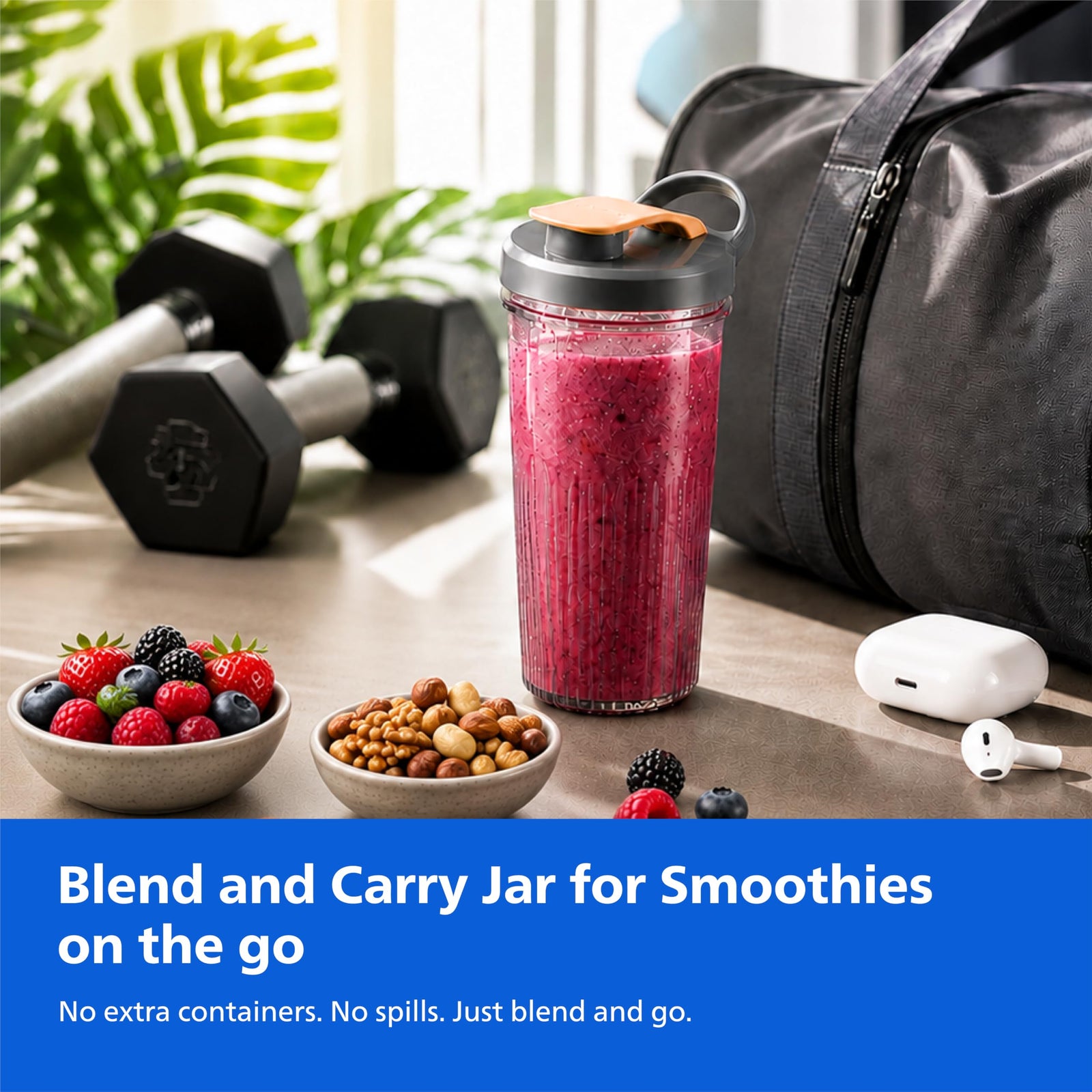 Philips HR2613/00 Mini Blender | 2 Blending Blades & 1 Frothing Blade | ProBlend Technology | 3 Unbreakable Food-Grade PC Jars | Blend & Carry | Smoothies, Protein Shakes, Cold Coffee & More (Blue)