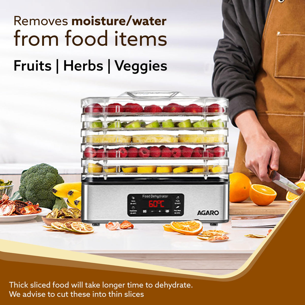 AGARO Regal Food Dehydrator, 5 Stackable Stainless Steel Trays, Digital Adjustable Timer & Temperature Control, Food Preserver Machine with Drying Capacity for Fruits, herbs, Veggies