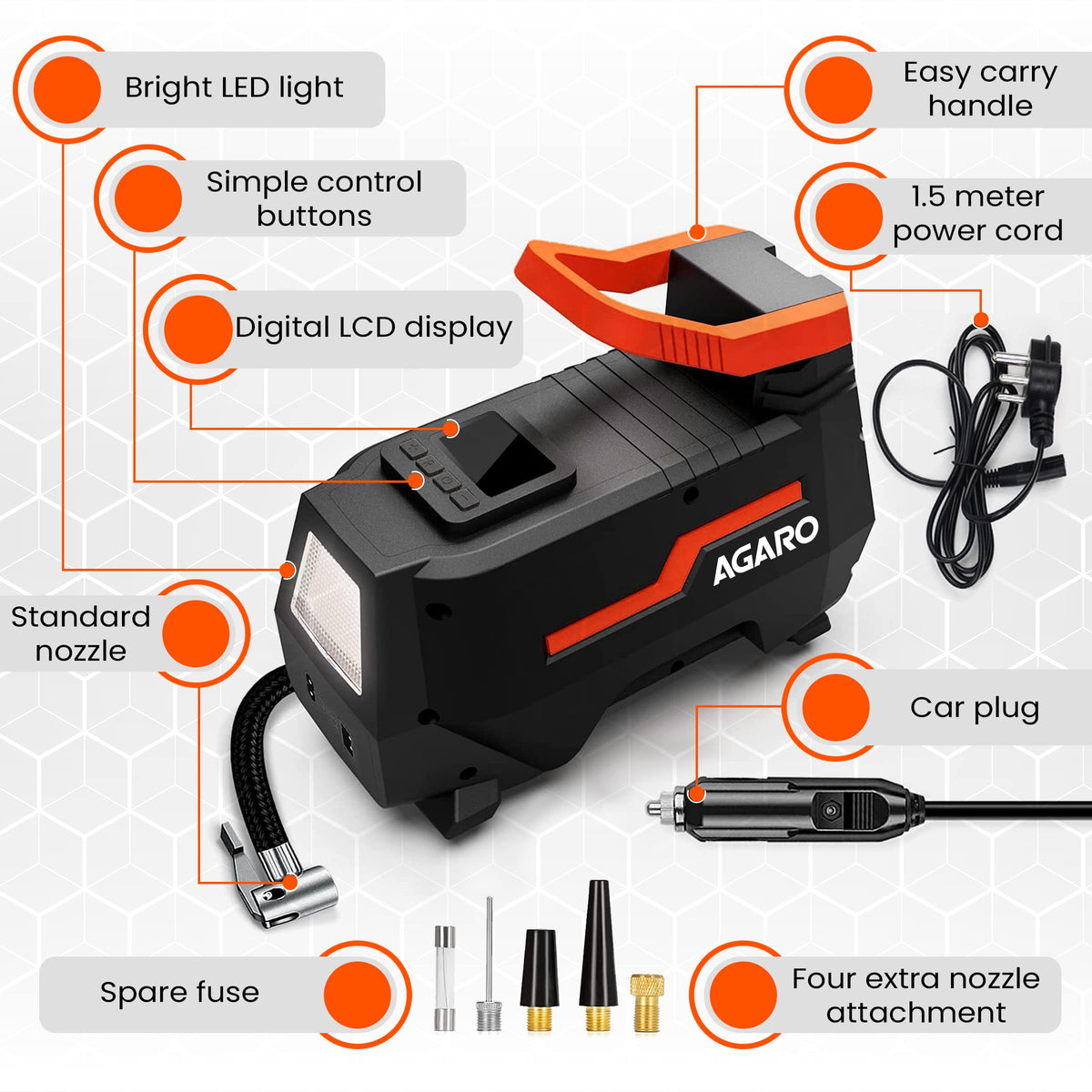 AGARO 150 PSI car air pump with digital LCD pressure gauge and control buttons
