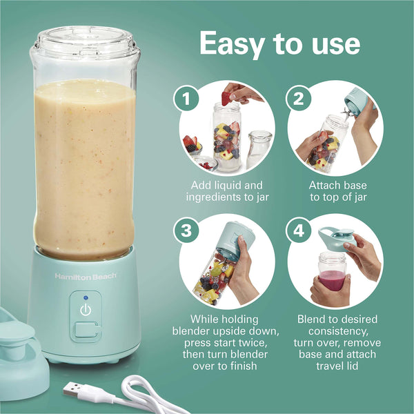 Hamilton Beach Portable Blender for Smoothies Juices, Rechargeable  Personal Blender Aqua