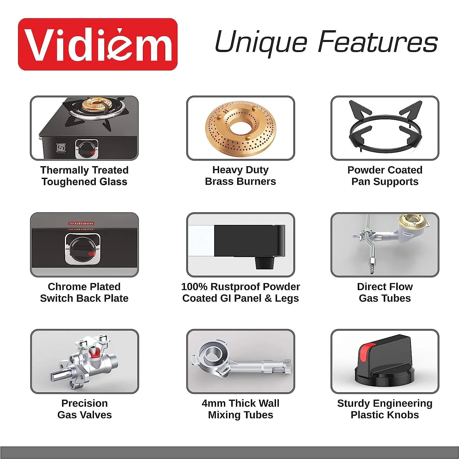 Vidiem Edge Shine gas stove showing small medium and jumbo brass burners