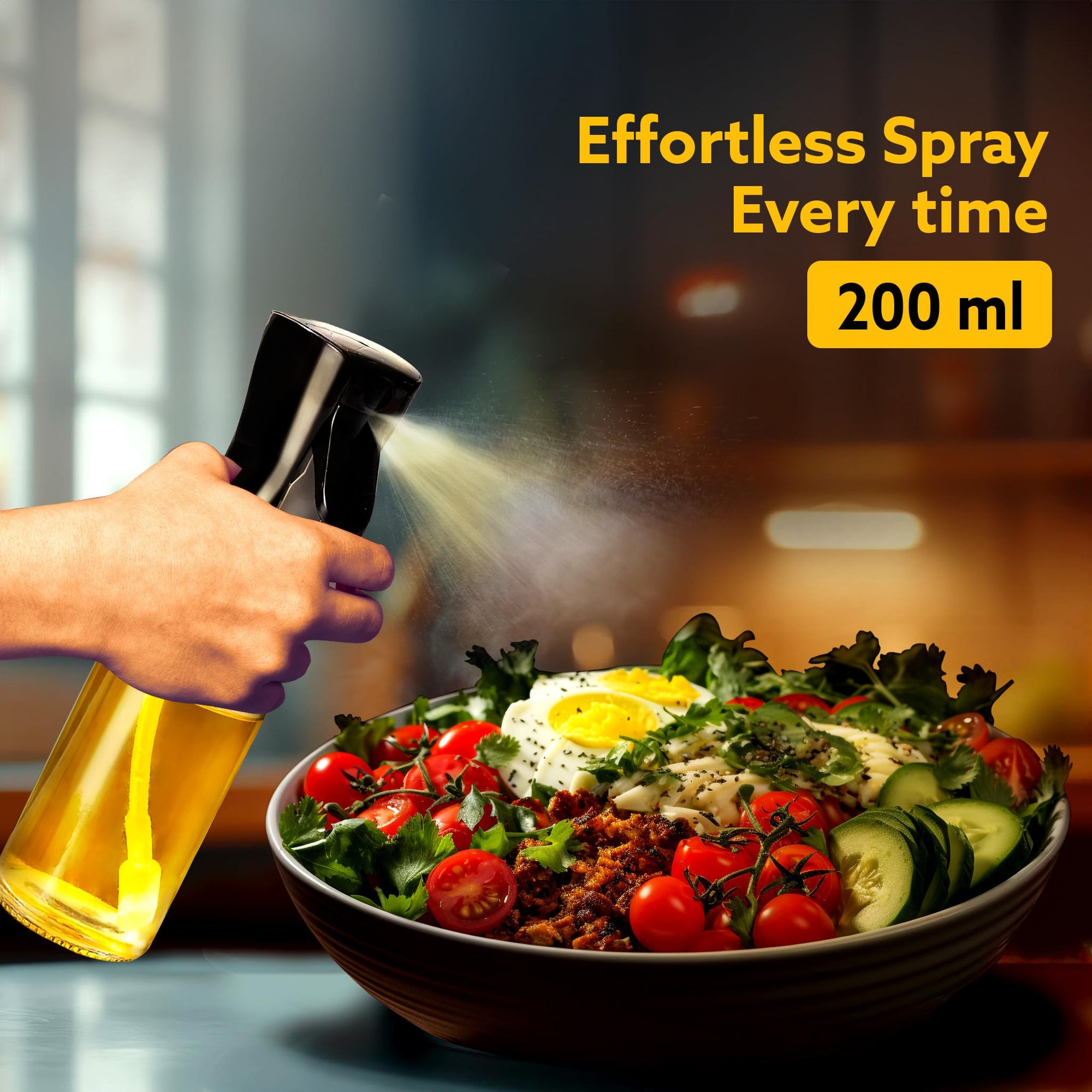Person using a spray bottle over a salad with text 'Effortless Spray Every time 200 ml'.
