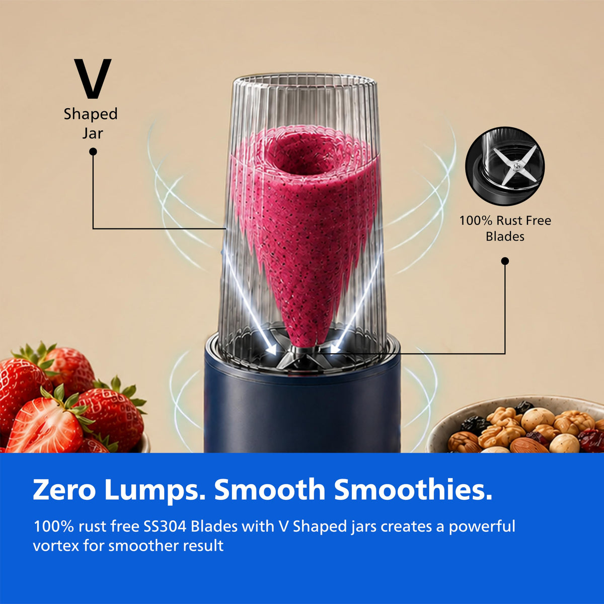 Philips HR2613/00 Mini Blender | 2 Blending Blades & 1 Frothing Blade | ProBlend Technology | 3 Unbreakable Food-Grade PC Jars | Blend & Carry | Smoothies, Protein Shakes, Cold Coffee & More (Blue)